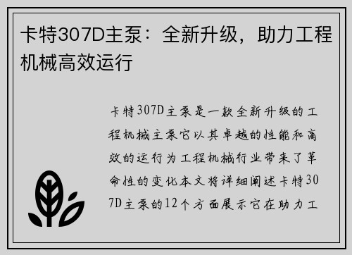 卡特307D主泵：全新升级，助力工程机械高效运行