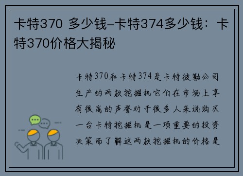 卡特370 多少钱-卡特374多少钱：卡特370价格大揭秘