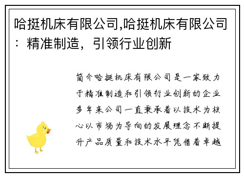 哈挺机床有限公司,哈挺机床有限公司：精准制造，引领行业创新